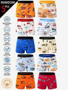 SHEIN Ropa interior para niño escolar, bóxers tipo brief de algodón cómodo y lindo, multicolor, con estampado aleatorio de coche, excavadora y coche de carreras, 5 piezas - Multicolor - Ver 3