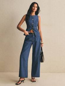 Poéselle Bộ đồ denim nữ phong cách tối giản gồm áo tank top sọc cài đơn và quần dài suông thoải mái thường ngày - Rửa tối - Xem 7