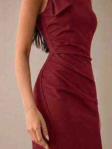 Lilora Dark Red Women's Solid Color Asymmetric Neckline Sleeveless Mid-Length Dress Summer Urban Style Sexy Mature Elegant Wedding Dinner Night Cocktail - Burgundy - View 6