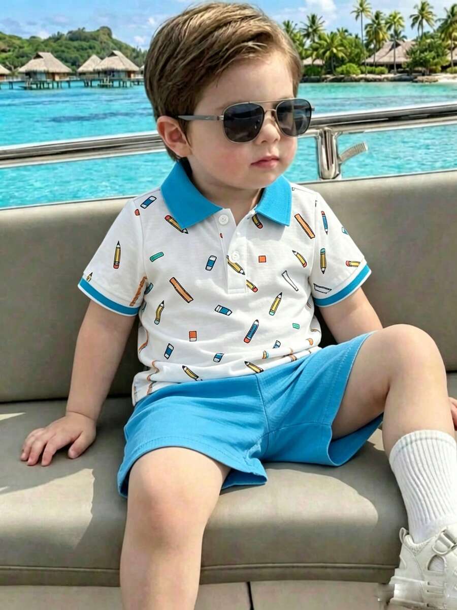 SHEIN 幼童男童夏季休閒兩件套,包含棕櫚樹與船隻印花領子 Polo 衫及彈性腰圍短褲,時尚舒適,適合 6 個月至 3 歲男童,適合日常穿著、戶外活動及返校 - 藍色 - 查看 1