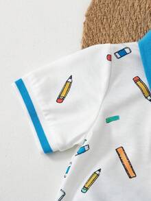SHEIN 幼童男童夏季休閒兩件套，包含棕櫚樹與船隻印花領子 Polo 衫及彈性腰圍短褲，時尚舒適，適合 6 個月至 3 歲男童，適合日常穿著、戶外活動及返校 - 藍色 - 查看 8