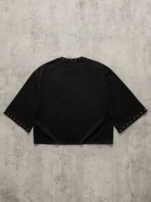 ROMWE MEN Kaos Pria Lengan 3/4 dengan Hiasan Rivet dan Motif Cetak - Hitam - View 3