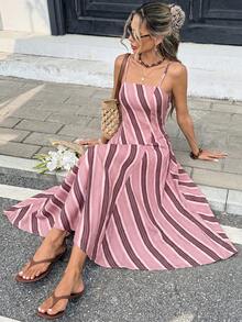 Serisse Women's Striped Pattern Spaghetti Strap A-Line Midi Dress - Pink - View 8
