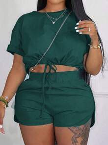 Slaydiva Slayr Plus Casual Solid Color Fitted Drawstring Split Women's Plus Size Two Pieces Outfits,Set,Summer,Two Pieces - Dark Green - View 6