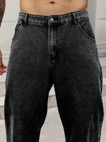 Manfinity Homme 男士寬鬆純棉素色斜插口袋牛仔褲 - 黑色 - 查看 7