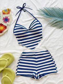 SHEIN Conjunto de 2 piezas de top de tirantes finos y camisola de tela de punto a rayas azules y blancas, estilo bohemio elegante y tropical chic, para niña preadolescente, atuendo casual de playa para vacaciones, primavera/verano, primavera, festival de música - Azul - Ver 8