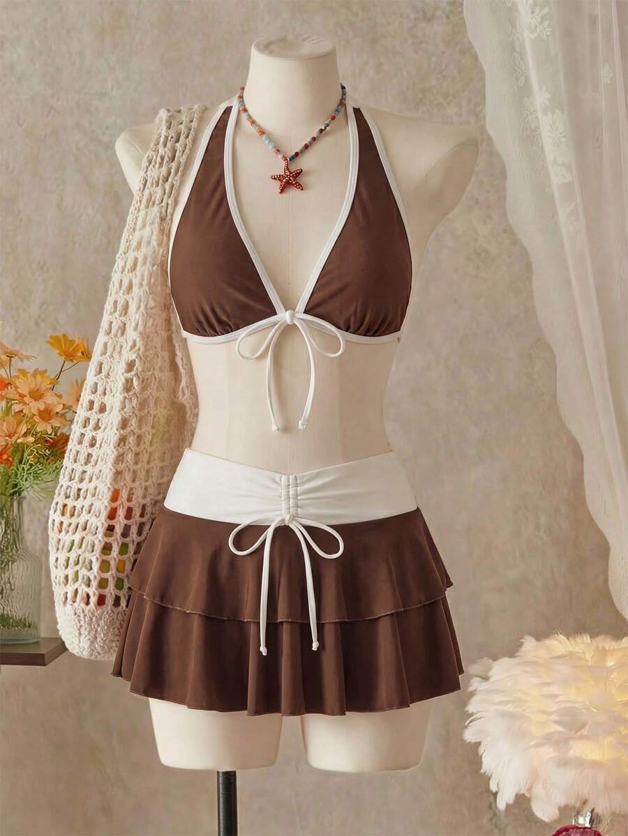 Bellisia 女款夏季海灘音樂節花卉圖案裙子掛脖式休閒度假風比基尼三件套 - 彩色 - 查看 1