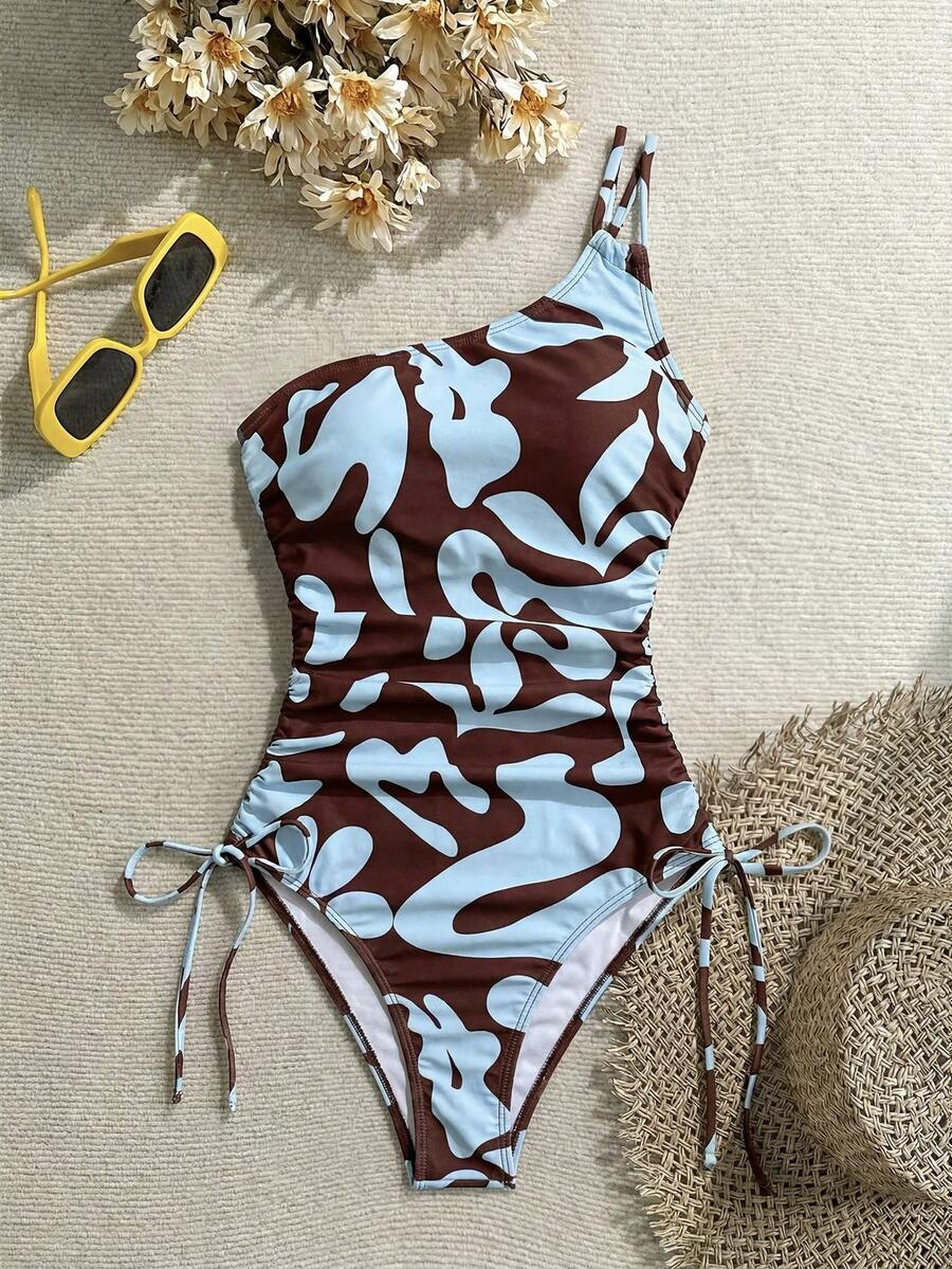 Vivid Eden Baju Renang Terusan Wanita Motif Cetak, Model Satu Bahu dengan Tali Pengikat - MultiWarna - View 1