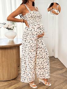 SHEIN Jumpsuit Hamil Bermotif dengan Kaki Lebar dan Fungsi Menyusui, Cocok untuk Dipakai Sehari-hari dan Liburan Musim Panas. - Krem - View 2