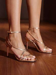 Glitzique Women's Fashionable Elegant Criss-Cross Strap Open Toe Thin High Heel Sandals, Suitable For Dresses In Summer - Gold - View 3