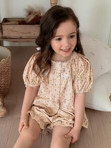DAZY Round Neck Ditsy Floral Short Sleeve Top + Shorts Set For Young Girls Loungewear Summer - Khaki - View 5