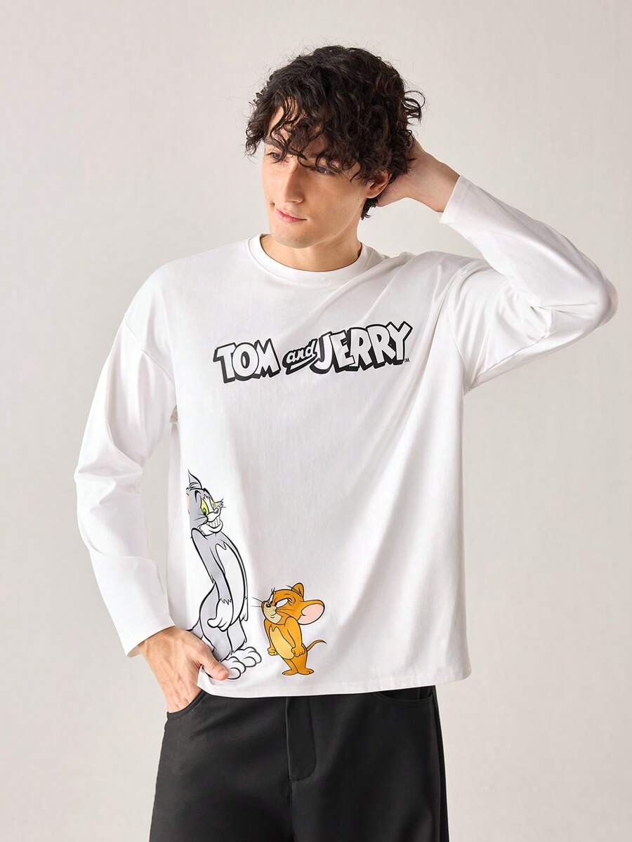 Strevion TOM & JERRY 男士休闲百搭汤姆和杰瑞元素印花长袖T恤,适合春秋季穿着 - 白色 - 查看 1