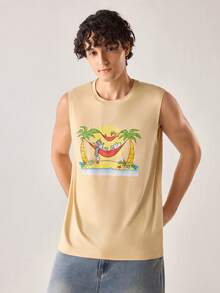 Strevion TOM & JERRY Men's Casual Versatile Beach Hammock & Coconut Tree, Tom And Jerry Element Printed Tank Top - Apricot - View 7
