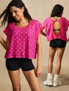 VARSIVA Women's Polka Dot Print Backless Sports T-Shirt - Hot Pink - View 2