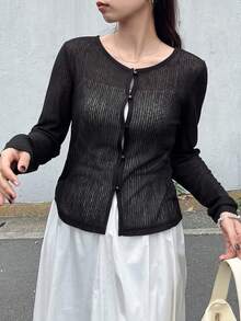 FRIFUL 女款素色長袖開襟外套上衣休閒日常款 - 黑色 - 查看 6