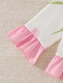 Set Pakaian Santai Bayi Perempuan Kasual Lucu Rajut Motif Bunga Warna Blok Lengan Panjang Atasan dan Celana - Baby Pink - View 8