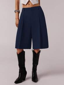 SHEIN Tall CURVE Pantalones cortos casuales de unicolor para tallas grandes en verano - Azul Marino - Ver 8