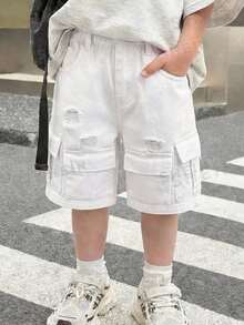 SHEIN Little Byeori 男童新款时尚做旧休闲柔软基础款纯棉白色牛仔破洞磨边工装短裤，春夏款，适合日常穿着、街头风、节日、派对、海滩、生日、乡村等场合。 - 白色 - 查看 5