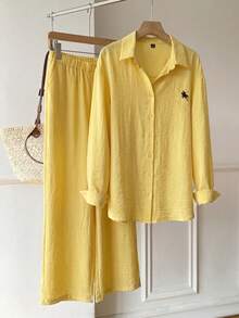 SHEIN EZwear 女士芥末黄刺绣骑士单排扣长袖衬衫和休闲口袋裤套装 - 鵝黃色 - 查看 6