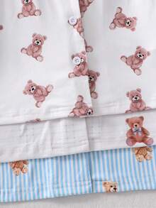 [Random 3 Sets, 1 Set Sent] Young Boy Casual Simple Cute Bear Print Short Sleeve Cardigan And Shorts Loungewear Set, Loose And Comfortable, Suitable For Spring And Summer, Great For Home Or Outings, Sweet And Cozy - Multicolor - View 3