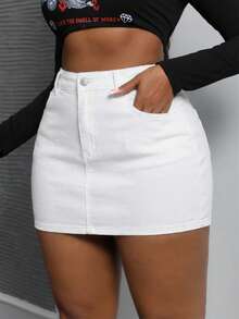Slaydiva Plus Size Summer Casual Solid Color Fitted Denim Mini Skirt - White - View 5