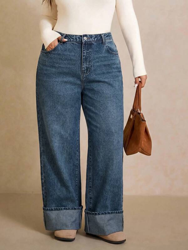 SHEIN Tall CURVE Tall Curve Plus Size Women's High Waist Wide Leg Jeans, Cuffed Hem Stretch Waist Denim Pants With Pockets, Casual Streetwear Outfit Baggy Denim Pants
