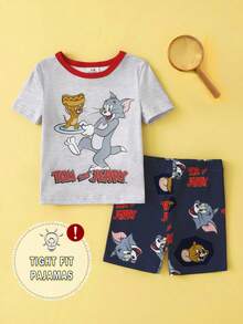 TOM & JERRY X SHEIN GraphicGems 男嬰可愛卡通印花柔軟舒適高彈力面料緊身居家短袖上衣與短褲2件組休閒服夏季款 - 藍色 - 查看 3