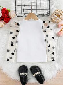 Young Girl Solid Color Round Neck Contrast Mesh Gigot Sleeve Casual T-Shirt - White - View 6