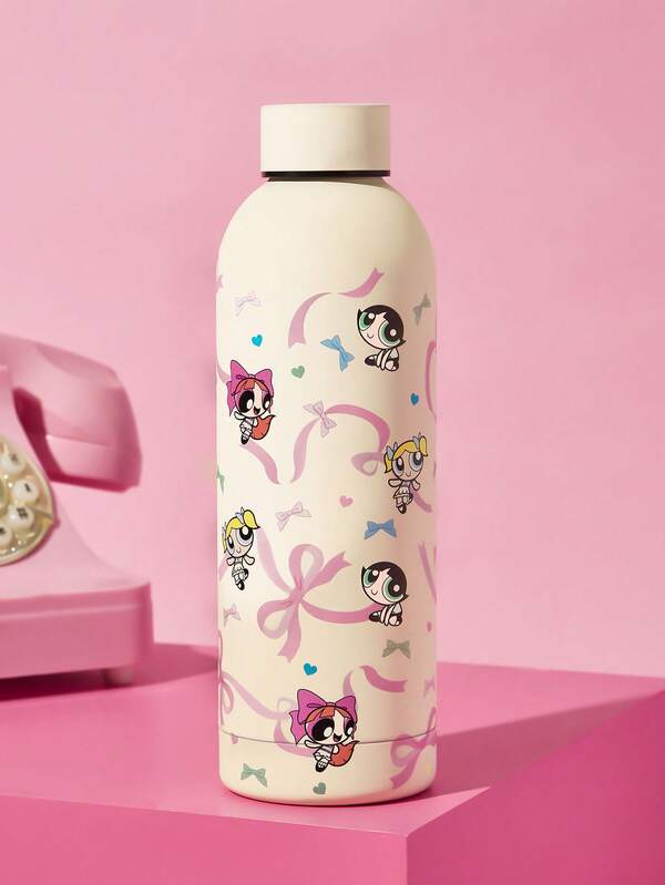 THE POWERPUFF GIRLS X SHEIN Bình giữ nhiệt inox 500ml/16oz, 1 nắp chống rò rỉ, dùng cho đồ uống nóng/lạnh, phù hợp với hầu hết các khay đựng cốc