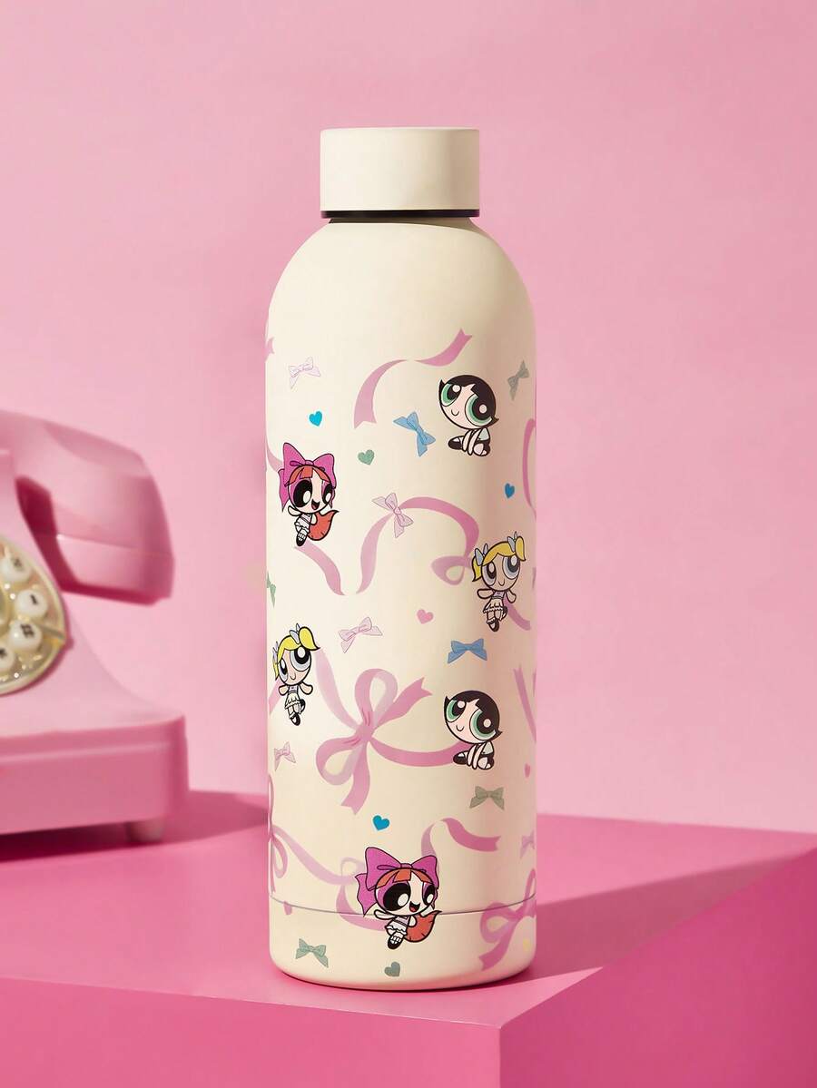 THE POWERPUFF GIRLS X SHEIN 500ml /16 Oz 真空隔熱不鏽鋼杯,1個防漏蓋,適用於熱飲/冷飲,適用於大多數杯架 - 米色 - 查看 1