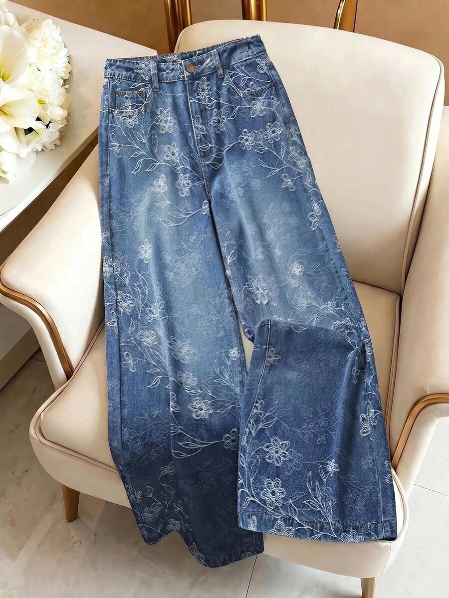 GlowEve Damen Lässig Blumen Muster Weite Bein Jeans, geeignet für Urlaub, täglichen Weg zur Arbeit