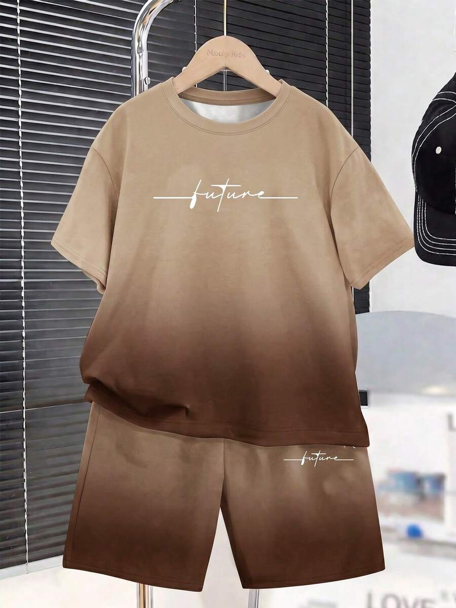 SHEIN 2pcs/Set Tween Boy Casual Minimalist Gradient English Print Short Sleeve Shirt And Shorts Set, Streetwear Preppy Style, Suitable For Spring And Summer - Khaki - View 1