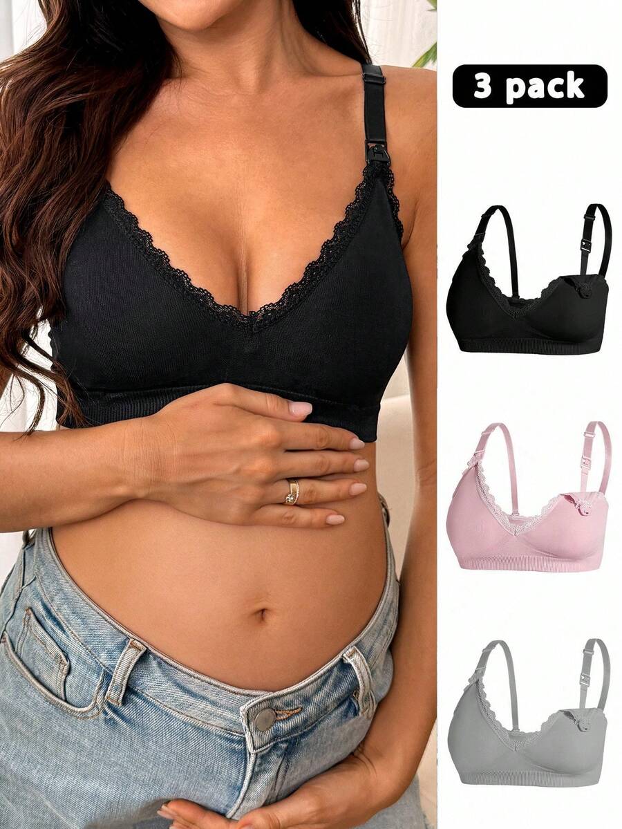 SHEIN 3件套孕妇无缝蕾丝拼接贝壳边文胸 - 彩色 - 查看 1