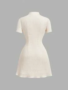 SHEIN MOD Women's Solid Color Frog Button Design Short Sleeve Elegant Mini Dress - Apricot - View 4