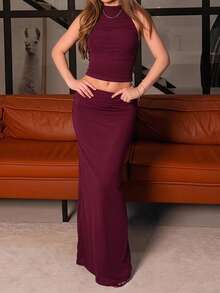 Katetique Women's Purple Sleeveless Turtleneck Tank Top & Mid-Rise Straight Knit Skirt Set, Vacation Set Women's 2 Pieces Outfit Women's Two Pieces Elegant - Purple - View 5