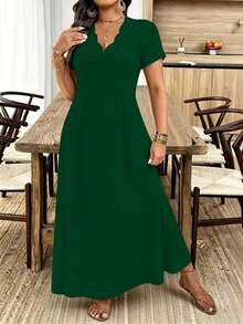 Breezaya Plus Size Women's Wavy Collar Fashion Commuter Long Dress - Dark Green - View 6