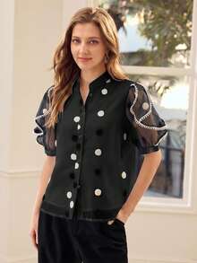 MOTF PREMIUM POLKA DOT PRINT SHEER PETAL SLEEVE BLOUSE FOR WOMEN - Black - View 1