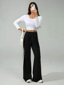 SHEIN Tall 女款彈性腰側條紋寬腿寬鬆休閒運動長褲，返校季，高個女性適用 - 黑與白 - 查看 6