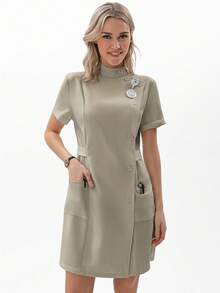 TaskEZ 女式手术服制服纽扣前开襟医院护士手术服连衣裙实验服 - 駝色 - 查看 7