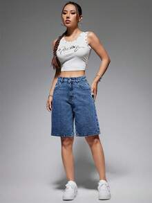 SHEIN EZwear 女款夏季休閒水洗寬鬆牛仔短褲 - 彩色 - 查看 3