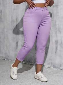 SHEIN Tall CURVE Quần skinny dáng lửng denim trắng co giãn size lớn cho nữ - Màu tím - Xem 3