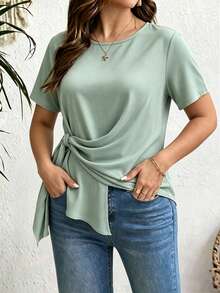 EMERY ROSE Modisches lässiges Kurzarm-T-Shirt in Hellgrün mit Rundhalsausschnitt, plissiertem Saum und Strickdekor, Große Größen - Minzgrün - Übersicht 7