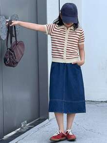 Dazy Kids Áo dệt kim tay ngắn cài cúc phía trước, kẻ sọc, thêu nơ, kiểu dáng thường ngày cho bé gái tuổi teen, thích hợp mặc mùa hè. - Màu Đỏ Sâu - Xem 4