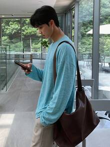 DAZY 圓領藍色長袖薄款男士T恤 - 藍色 - 查看 3