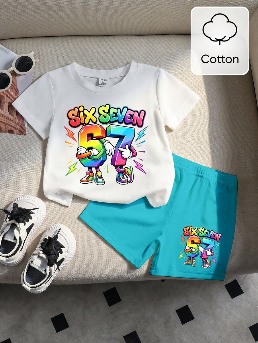 SHEIN Coolqubz 舒適純棉2件組男童幼兒休閒創意彩色漸層數字67與閃電圖案純棉T恤與配套短褲套裝,適合夏季、休閒、戶外穿著、運動裝、校服,適合戶外、運動、校服、春/夏、酷感風格、韓系風格、舒適易穿、時尚男孩、男童T恤、男童短褲、新式設計、春季氛圍與夏季度假氣氛、戶外活動、聚會、野餐、街拍、節慶場合與送禮 - 彩色 - 查看 1