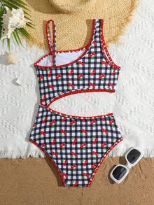 SHEIN 8-12歲少女櫻桃格紋細肩帶比基尼，荷葉邊飾兩件式泳衣，適合學生、度假、海灘與溫泉的甜美泳裝 - 黑色 - 查看 2