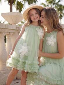 SHEIN Glamorique Kids 女嬰夏季綠色無袖碎花洋裝，甜美可愛風，優雅正式穿著，適合秋季 - 綠色 - 查看 8
