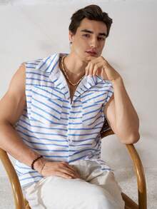 TONEVAULT Men's Summer Casual Tropical Linen-Like Sleeveless Shirt Vacation Blue And White Stripe - Blue - View 4