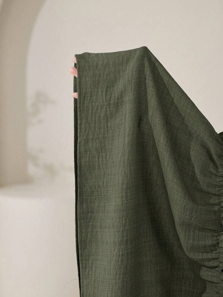 Veilorie 刺繡拼接收腰舒適寬鬆休閒度假日常百搭洋裝 - 軍綠色 - 查看 7