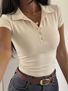 DAZY 女款翻領短袖修身內搭層極簡性感休閒套頭街頭風T恤 夏季 - 杏色 - 查看 2